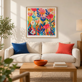Matisse Exhibition Poster, framed on the wall of a modern living room in a UK city flat with warm white walls and an oak floor