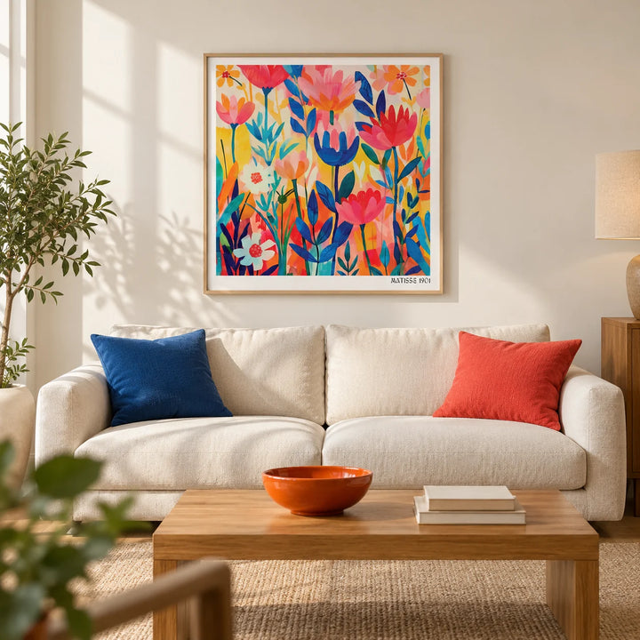 Matisse Exhibition Poster, framed on the wall of a modern living room in a UK city flat with warm white walls and an oak floor