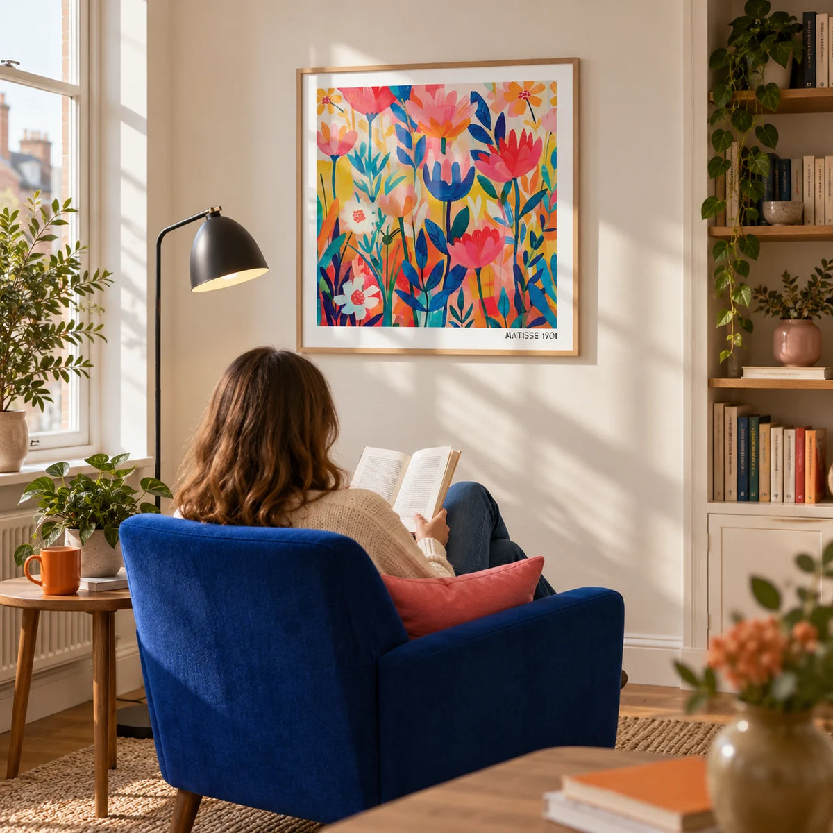 Matisse Exhibition Poster, framed on the wall of a modern reading corner in a UK flat with a warm white wall and a low built-in bookcase in a living room