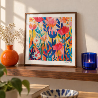 Matisse Exhibition Poster, a small A4 framed print leaning on a walnut shelf in a living room