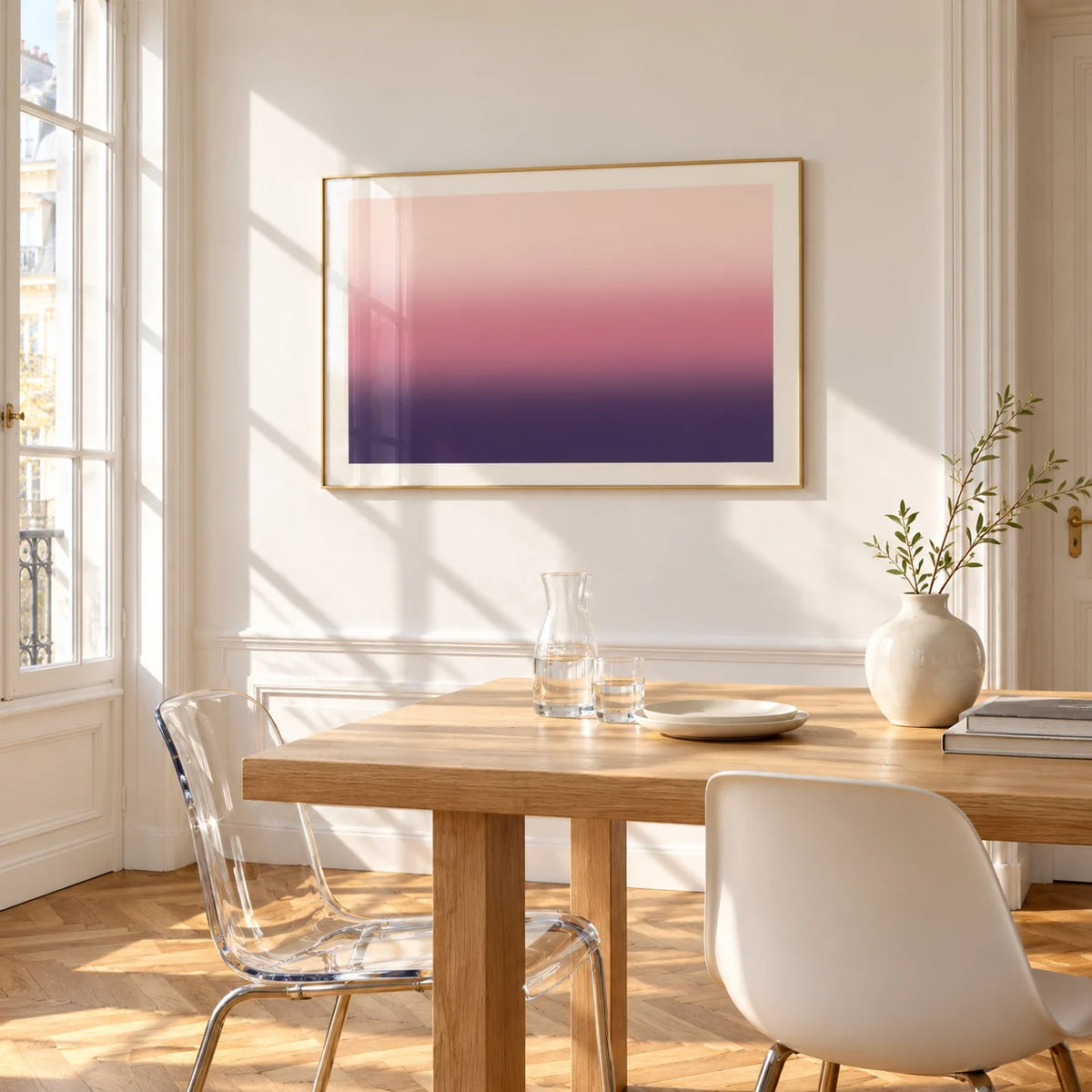 Mauve Print, framed on the wall of a bright dining corner