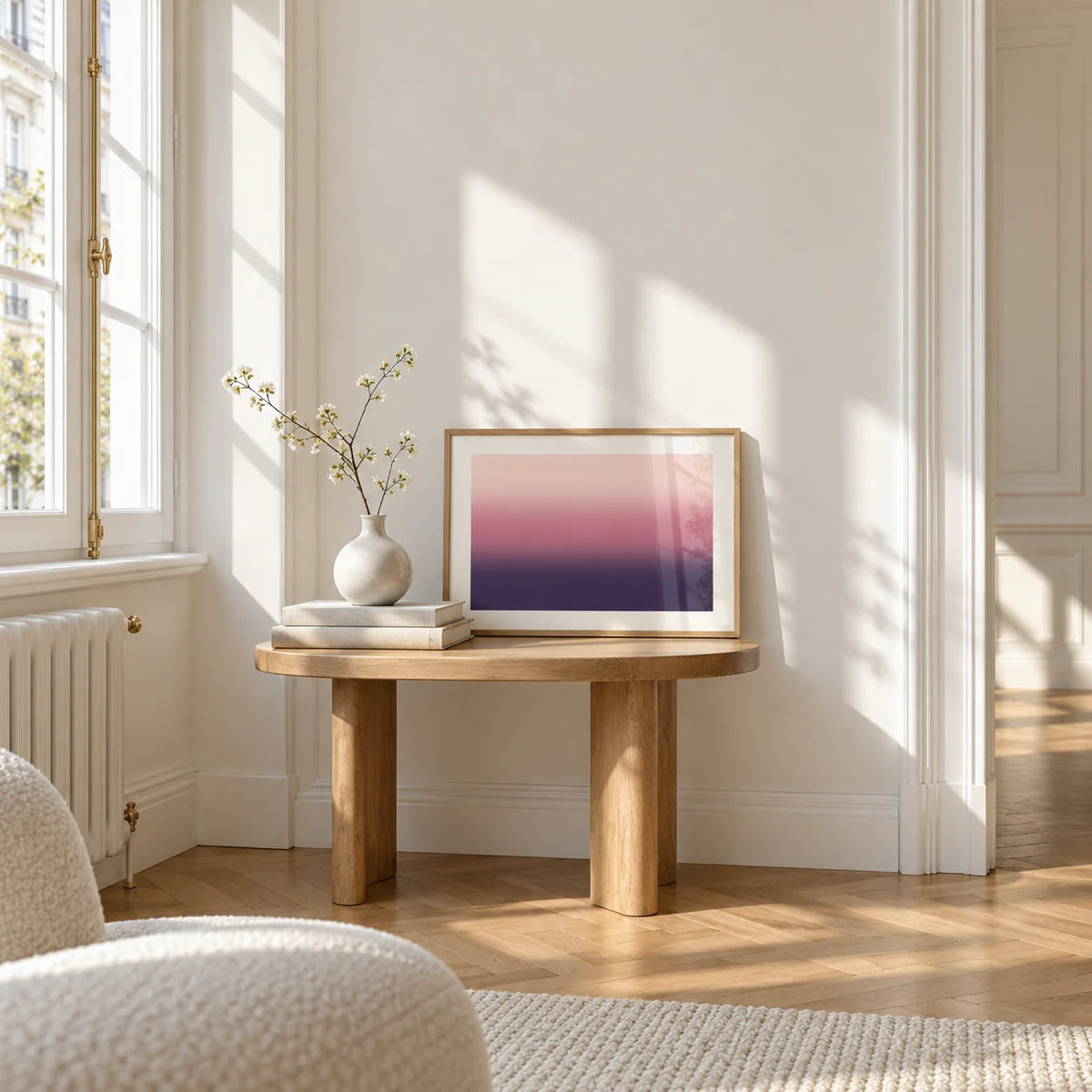 Mauve Print, a small A4 framed print leaning on a small solid oak side table