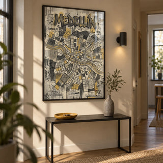Medellin Map Art Print, framed on the wall of a compact hallway in a design-conscious city flat with a warm beige wall and oak floor