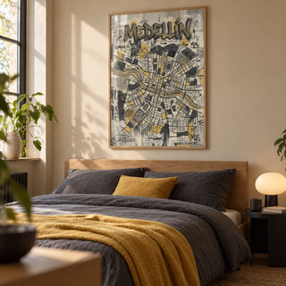 Medellin Map Art Print, framed on the wall of a contemporary double bedroom in a city flat with a warm beige wall