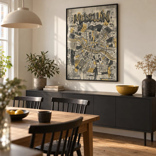 Medellin Map Art Print, framed on the wall of a modern dining room in a UK terrace with a warm white wall and plain oak floor