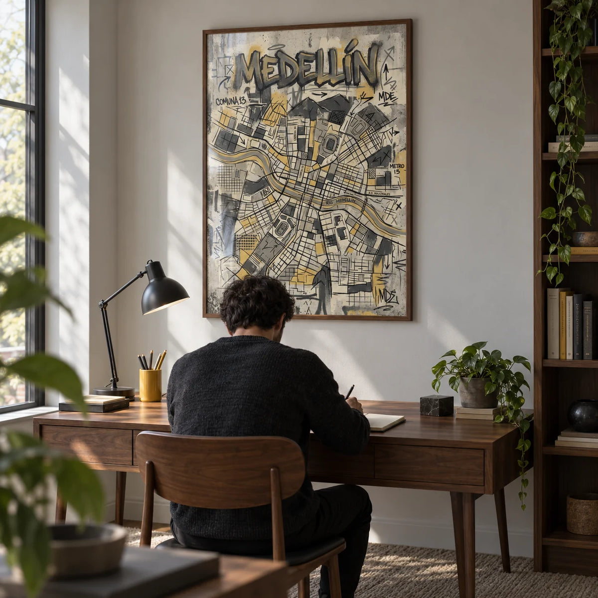 Medellin Map Art Print, framed on the wall of a modern home study with a pale grey wall and walnut furniture