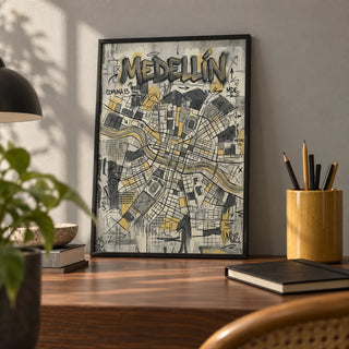 Medellin Map Art Print, a small A4 framed print leaning on a walnut desk