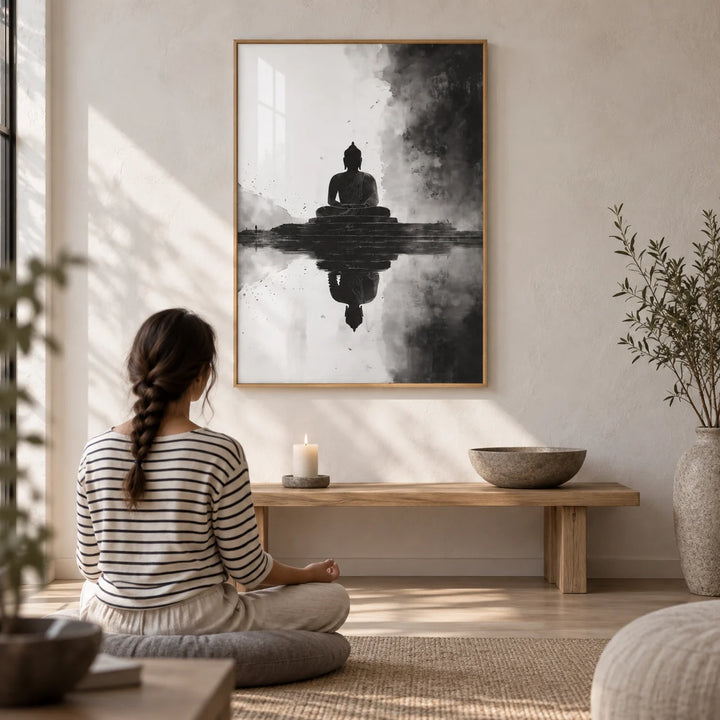 Meditation Art Print, framed on the wall of a serene meditation room with a limewashed white wall and a pale oak floor in a living room
