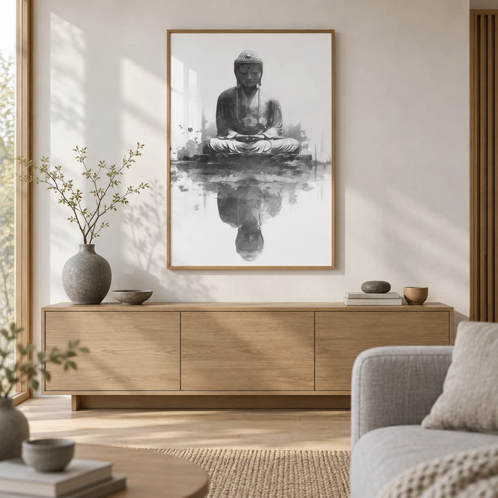 Meditation Statue Reflection Wall Art, framed on the wall of a calm Japandi living room with a soft white wall and a pale oak floor