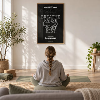 Meditation Wall Art, framed on the wall of a calm home yoga room with white walls and pale oak floorboards in a living room