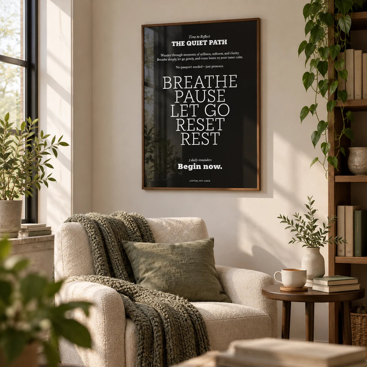 Meditation Wall Art, framed on the wall of a quiet reading nook by a window in a living room