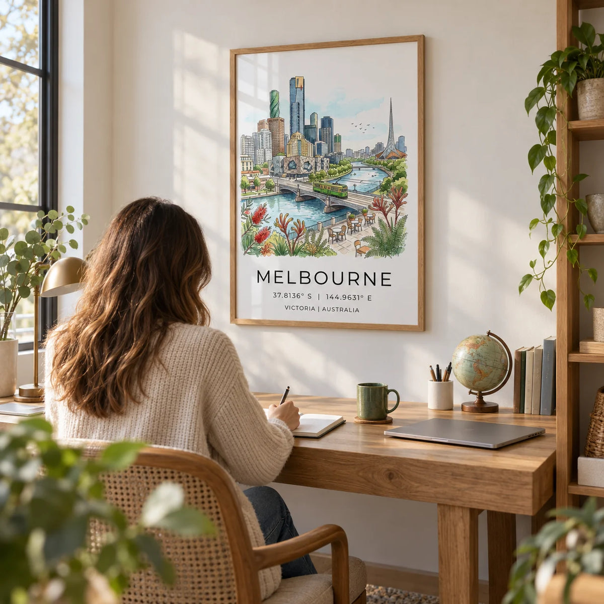 Melbourne City Art Print, framed on the wall of a bright home office