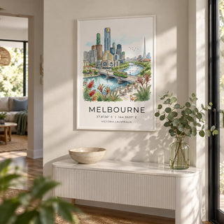 Melbourne City Art Print, framed on the wall of a crisp hallway