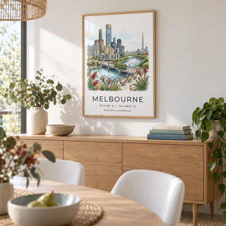 Melbourne City Art Print, framed on the wall of a light dining room