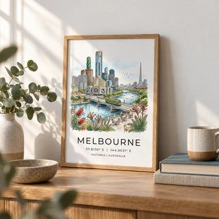 Melbourne City Art Print, a small A4 framed print leaning on an oak shelf in a living room