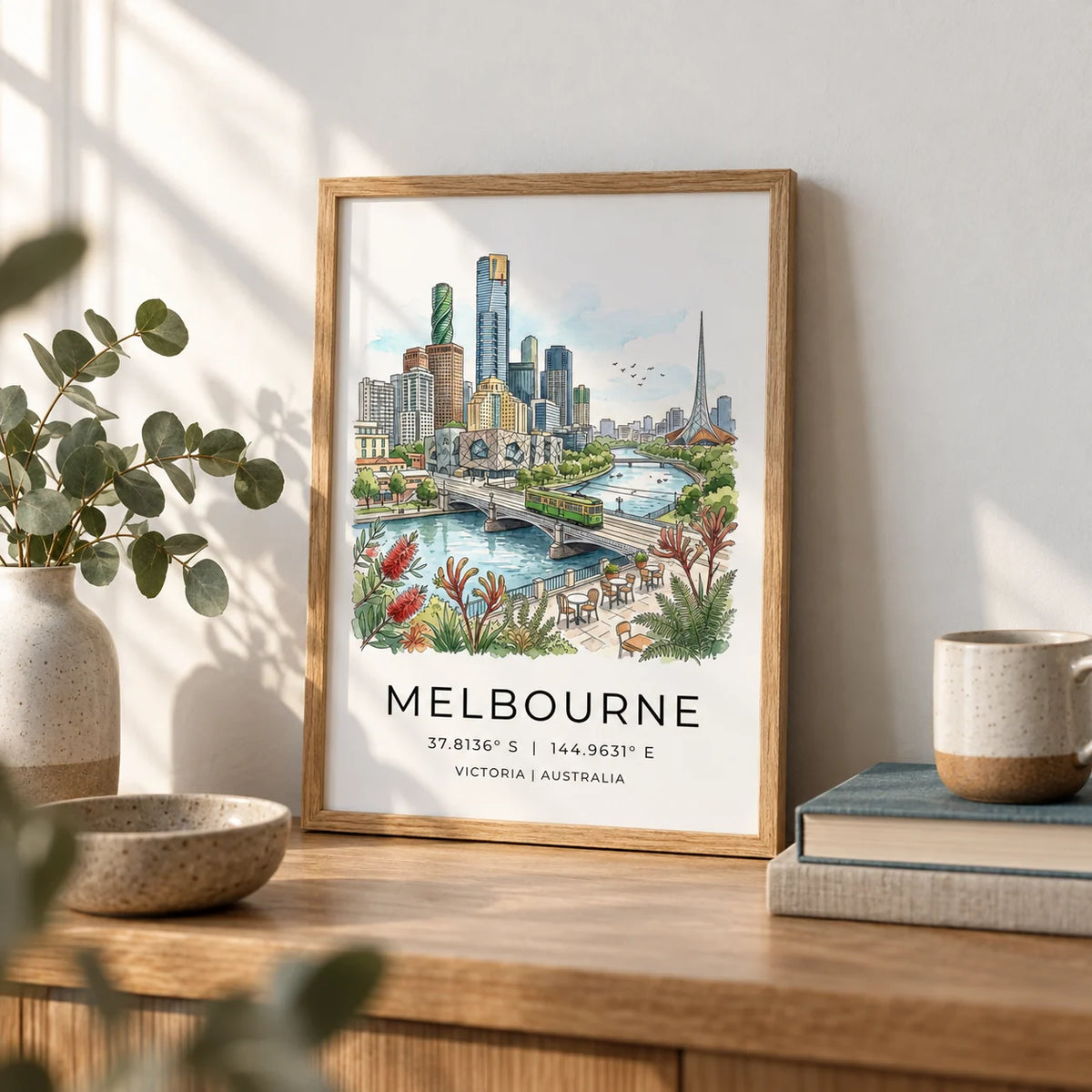 Melbourne City Art Print, a small A4 framed print leaning on an oak shelf in a living room