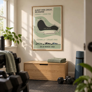 Melbourne Park Circuit Poster, framed on the wall of a compact home gym in a converted UK spare room with a pale cream wall and charcoal rubber flooring
