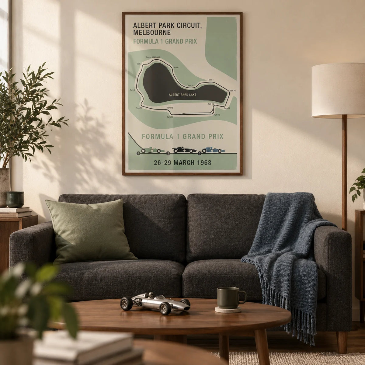 Melbourne Park Circuit Poster, framed on the wall of a modern living room in a UK first flat for a motorsport enthusiast (22-30)