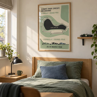 Melbourne Park Circuit Poster, framed on the wall of a tidy bedroom for a motorsport-loving teenager (16-17) in a UK family home