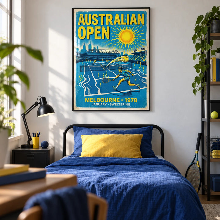 Melbourne Tennis Wall Art, framed on the wall of a teen boy's bedroom (13-17) with a white wall