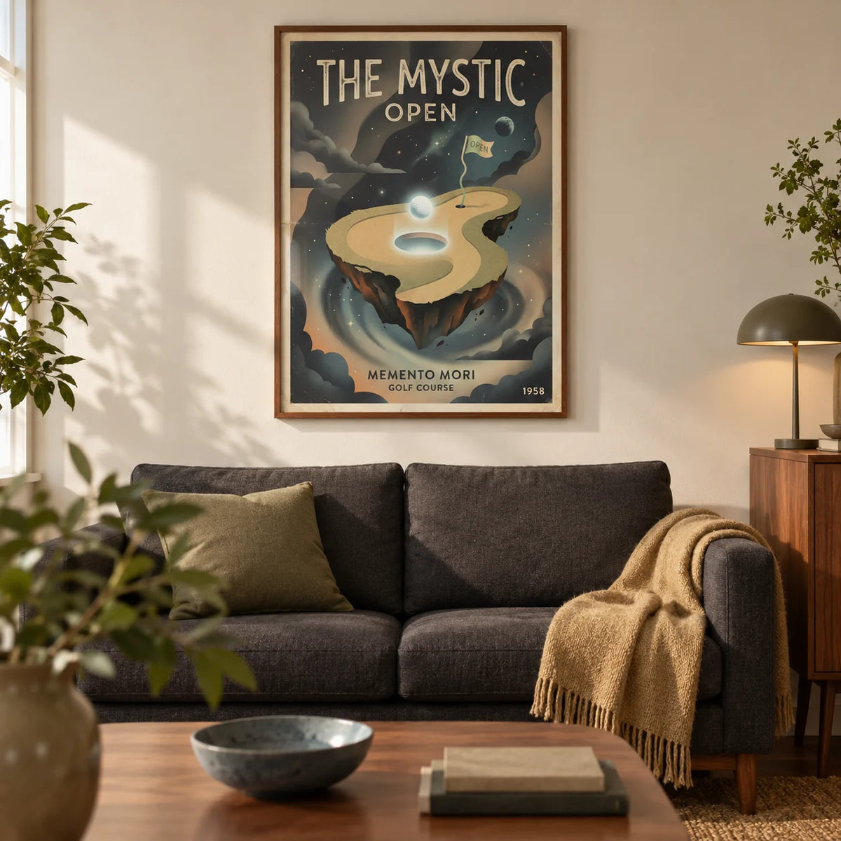 Memento Mori Golf Course Art Print, framed on the wall of a characterful modern living room in a UK flat with warm off-white walls and walnut furniture