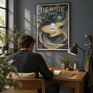 Memento Mori Golf Course Art Print, framed on the wall of a quiet home study for a golf enthusiast with a blue-grey wall and an oak desk