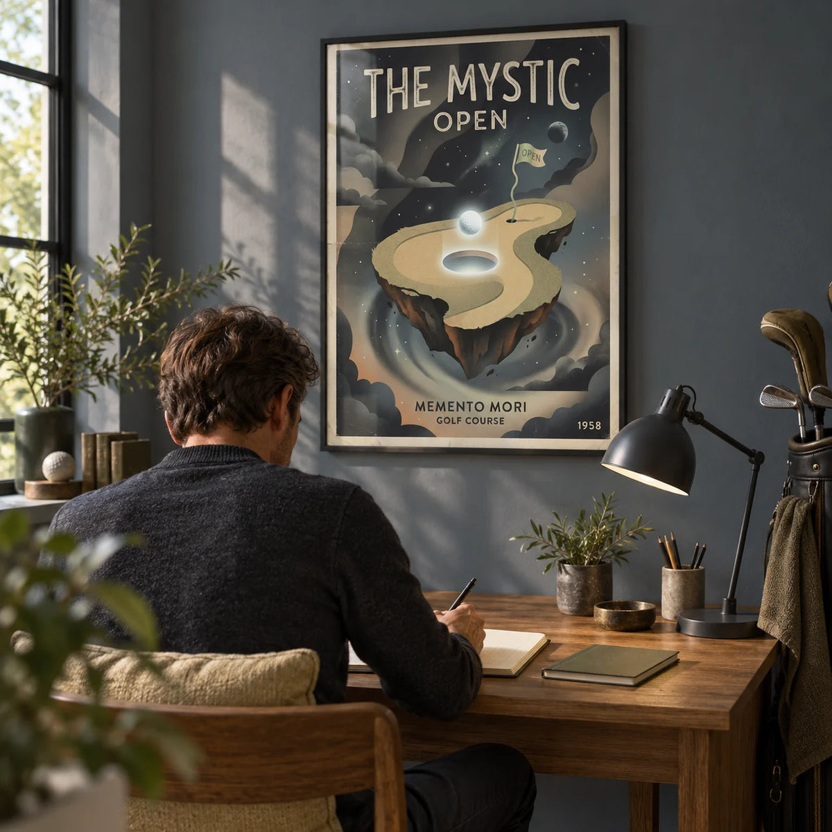 Memento Mori Golf Course Art Print, framed on the wall of a quiet home study for a golf enthusiast with a blue-grey wall and an oak desk