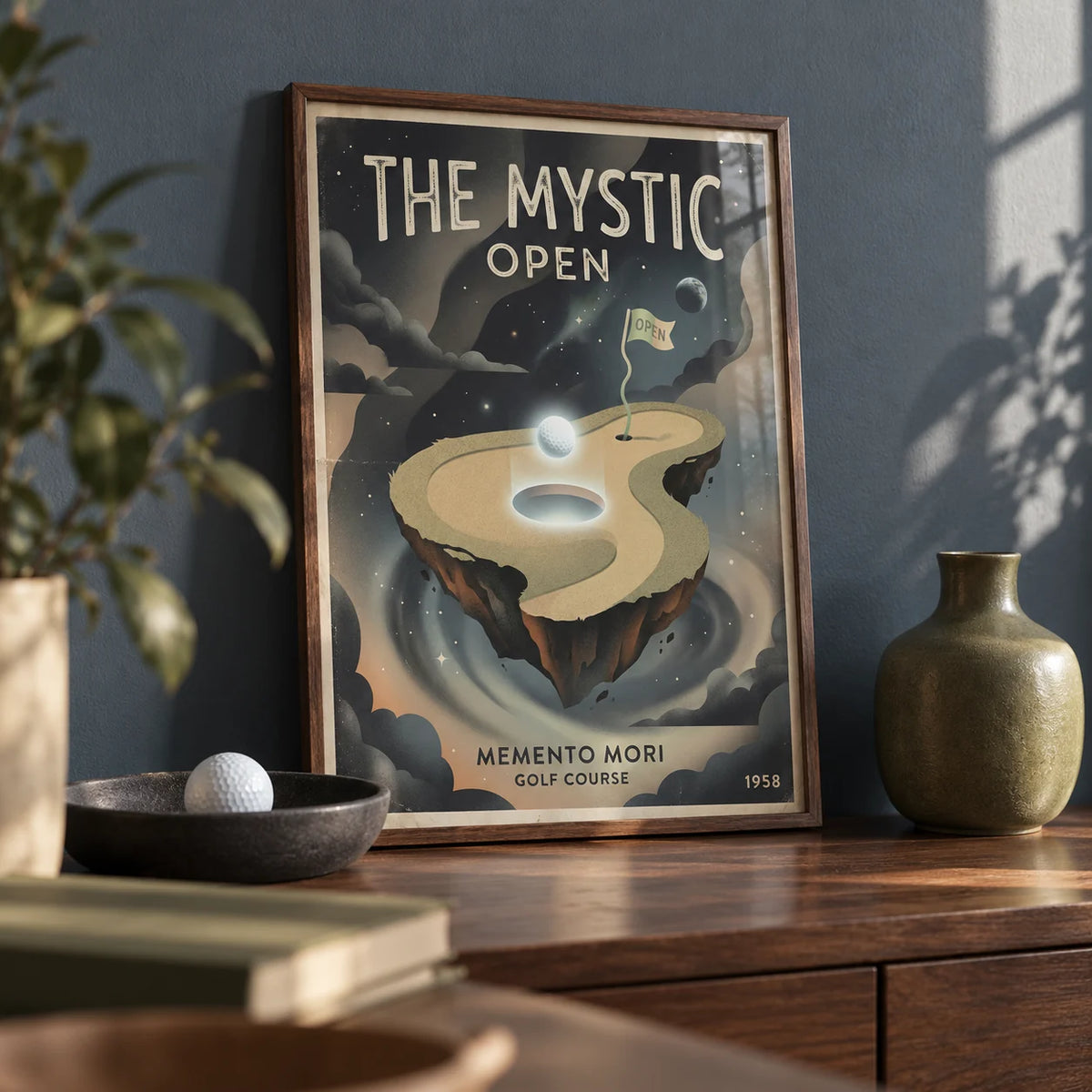Memento Mori Golf Course Art Print, a small A4 framed print leaning on a walnut desk