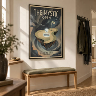 Memento Mori Golf Course Art Print, framed on the wall of a welcoming hallway in a golf enthusiast's UK home with a warm white wall and a pale oak floor