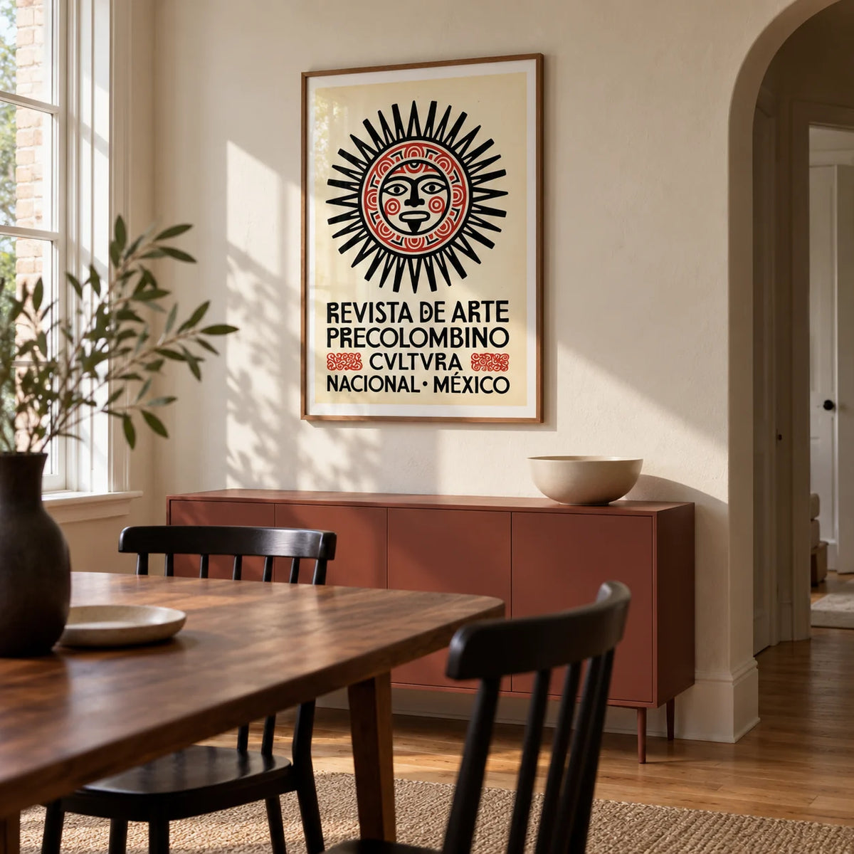Mexican Art Print, framed on the wall of a characterful modern dining room in a UK flat with warm white plaster walls and oak floorboards