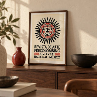 Mexican Art Print, a small A4 framed print leaning on a dark walnut sideboard in a living room