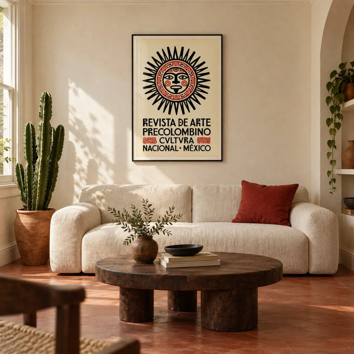 Mexican Art Print, framed on the wall of a warm Mexican-modern living room in a UK Victorian terrace with cream limewashed walls and a plain terracotta floor