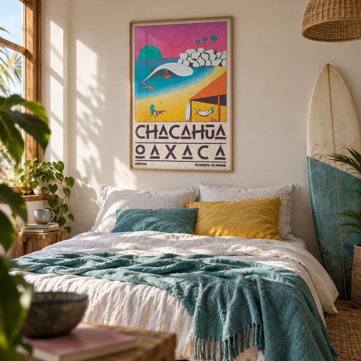 Mexican Beach Poster, framed on the wall of a relaxed surfer's bedroom (age 20-30)