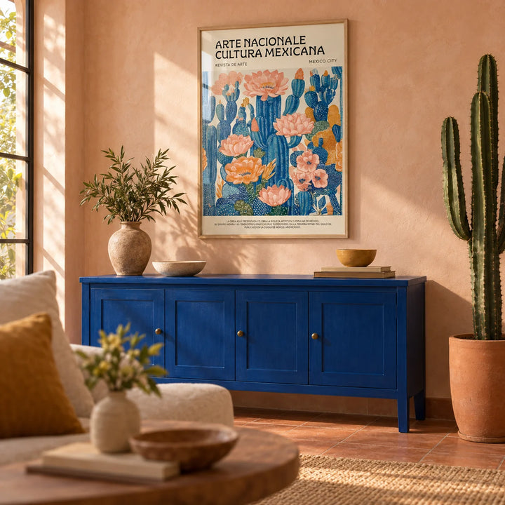 Mexican Boho Decor, framed on the wall of a warm Mexican-modern living room with peach limewashed plaster walls and a terracotta floor