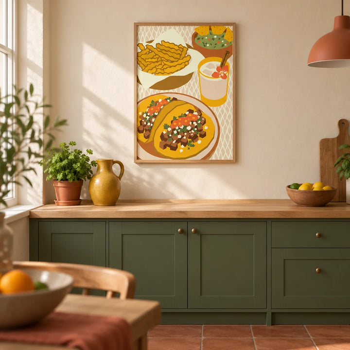 Mexican Cuisine Poster, framed on the wall of a warm modern kitchen in a UK terraced house with cream limewashed walls