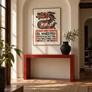 Mexican Cultural Art Print, framed on the wall of a Mexican-modern hallway with an arched plaster niche