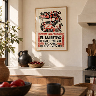 Mexican Cultural Art Print, framed on the wall of a Mexican-modern kitchen with smooth warm white plaster walls