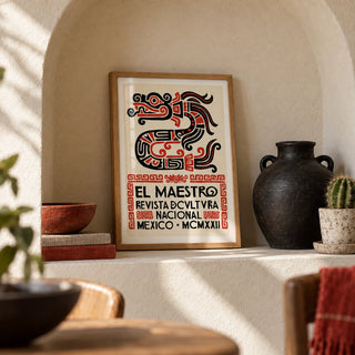 Mexican Cultural Art Print, a small A4 framed print leaning on a shelf in a living room