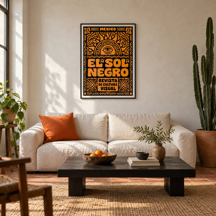 Mexican Culture Art Print, framed on the wall of a warm Mexican-modern living room in a UK terrace with ivory limewashed plaster and a terracotta floor