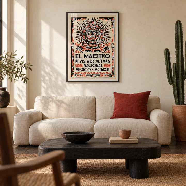 Mexican Culture Poster, framed on the wall of a warm Mexican-modern living room in a UK terraced house with cream limewashed walls and a dark timber floor