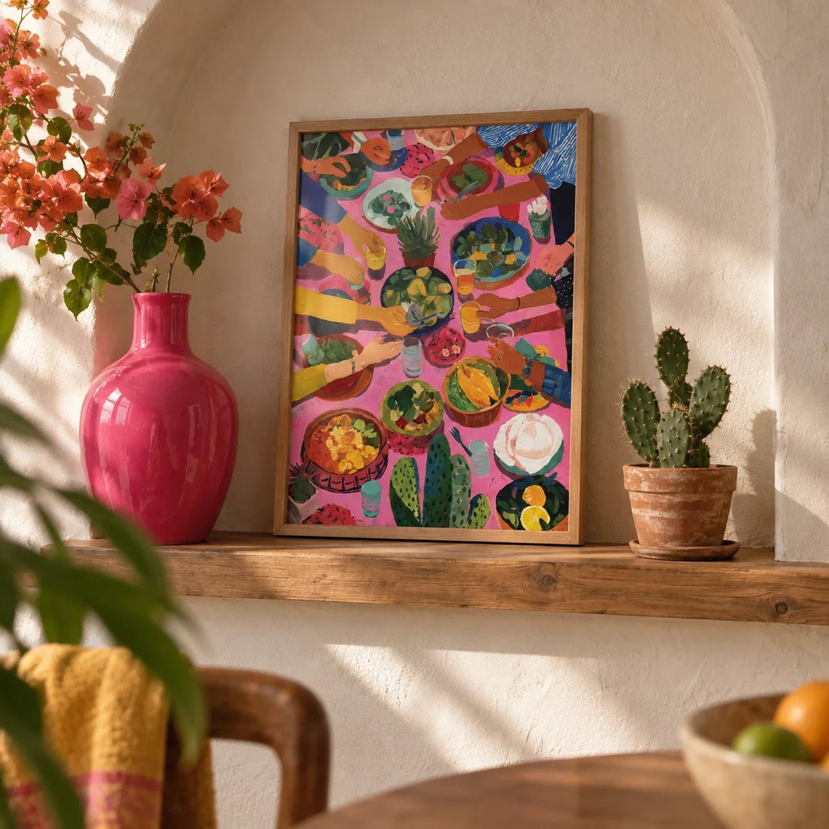 Mexican Decor, a small A4 framed print leaning on a shelf in a living room