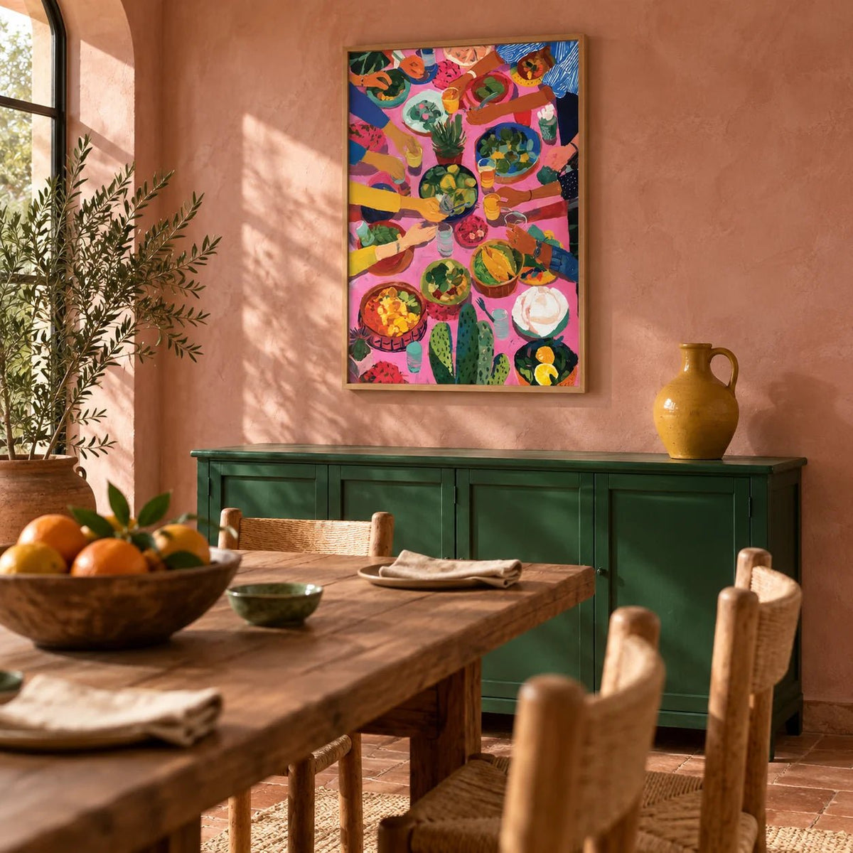 Mexican Decor, framed on the wall of a warm Mexican-modern dining room