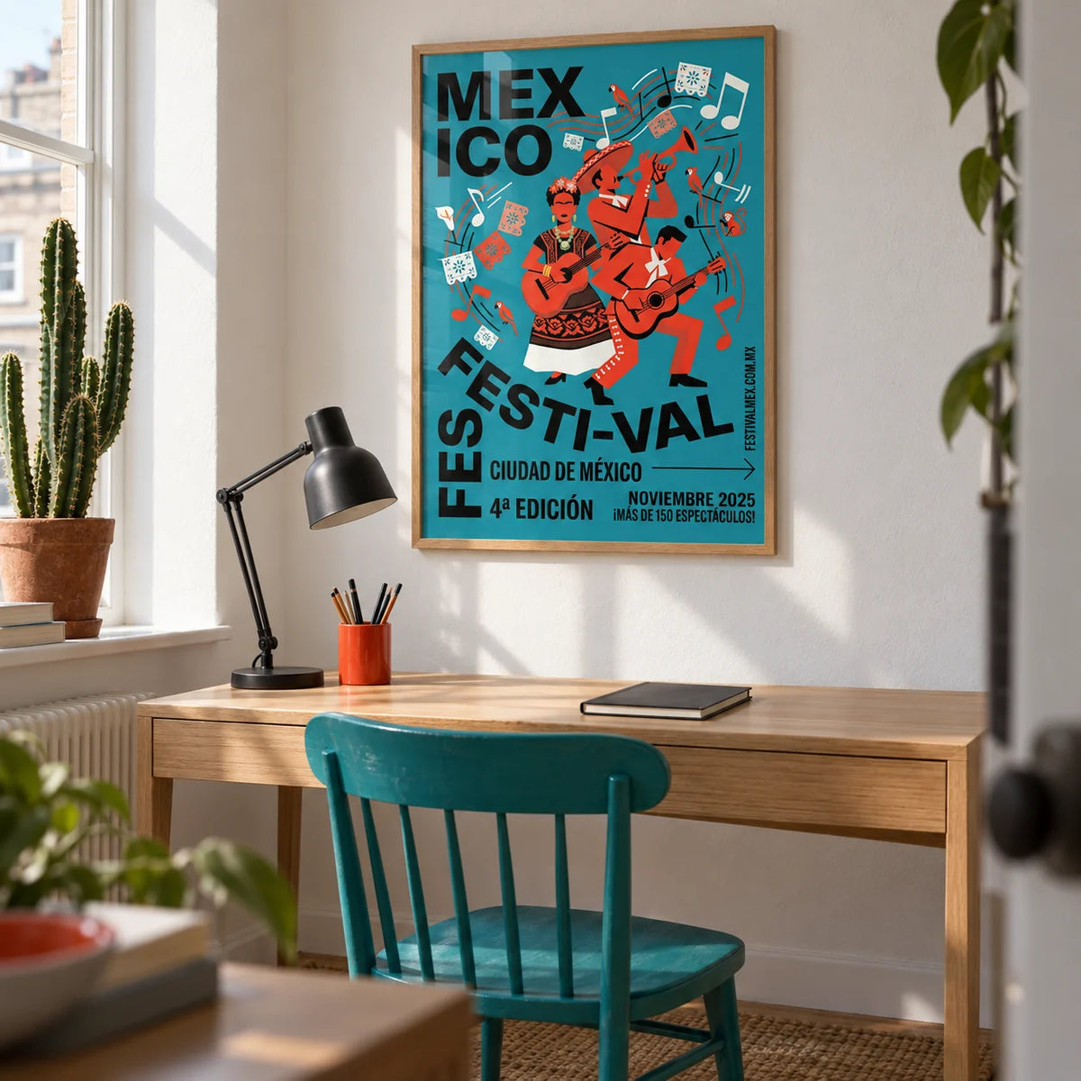 Mexican Festivity Art Print, framed on the wall of a creative home study in a design-conscious UK flat with a soft white plaster wall