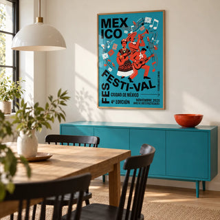 Mexican Festivity Art Print, framed on the wall of a design-led dining room in a British family home with a warm white wall and pale oak flooring