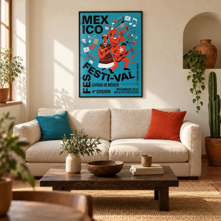 Mexican Festivity Art Print, framed on the wall of a warm Mexican-modern living room in a UK terrace with ivory limewashed plaster and a terracotta floor