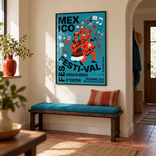 Mexican Festivity Art Print, framed on the wall of a welcoming hallway in a renovated UK terrace with a warm ivory wall