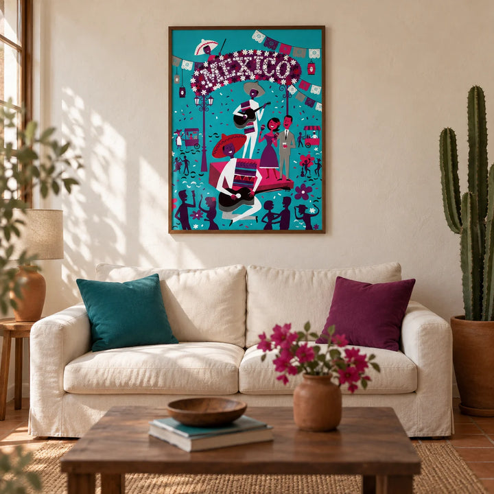 Mexican Fiesta Wall Art, framed on the wall of a warm Mexican-modern living room in a UK terraced house with ivory plaster walls and terracotta floor tiles