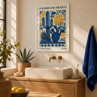 Mexican Folk Art, framed on the wall of a Mexican-modern bathroom with smooth cream plaster walls