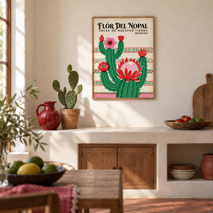 Mexican Folk Art Print, framed on the wall of a Mexican-modern kitchen with smooth warm white plaster walls and a plain terracotta floor
