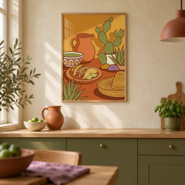 Mexican Food Print, framed on the wall of a warm contemporary kitchen in a UK terraced home with pale limewashed plaster walls